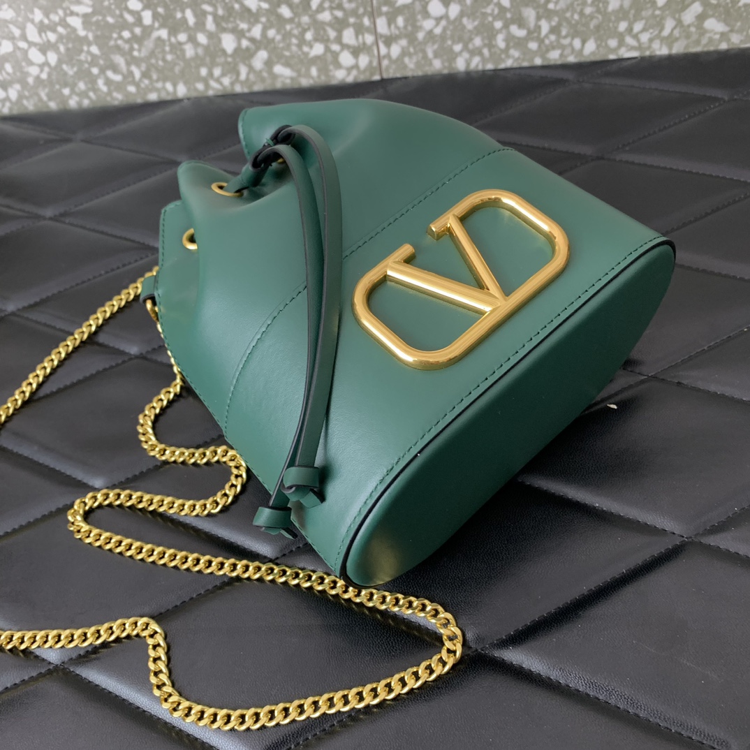 Valentino Garavani VLogo Signature Mini Bucket Bag in Dark Green Nappa Leather 